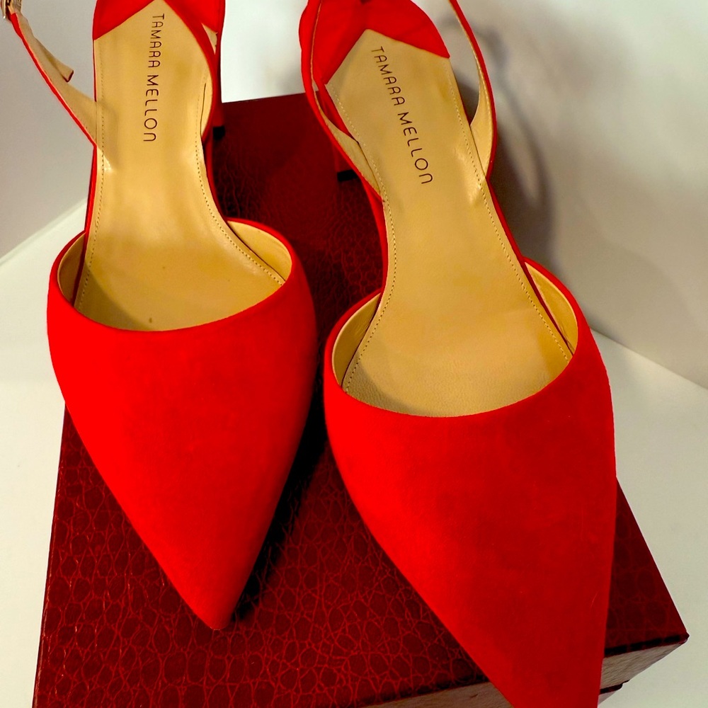Tamara Mellon Vibrant Red suede slingback pumps